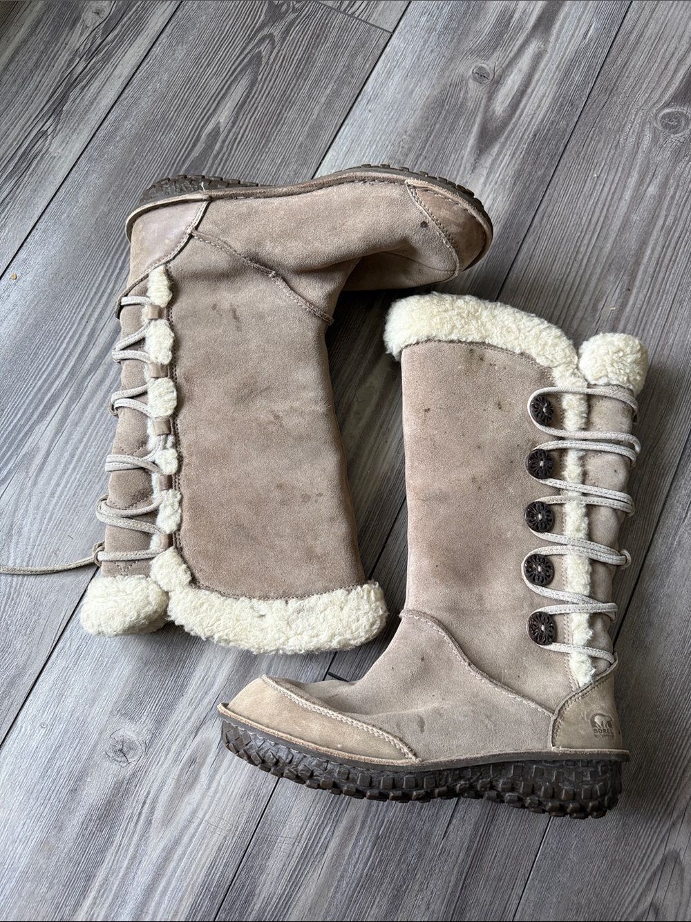 Sorel Taupe Suede Shearling-Trim Winter Boots size 7